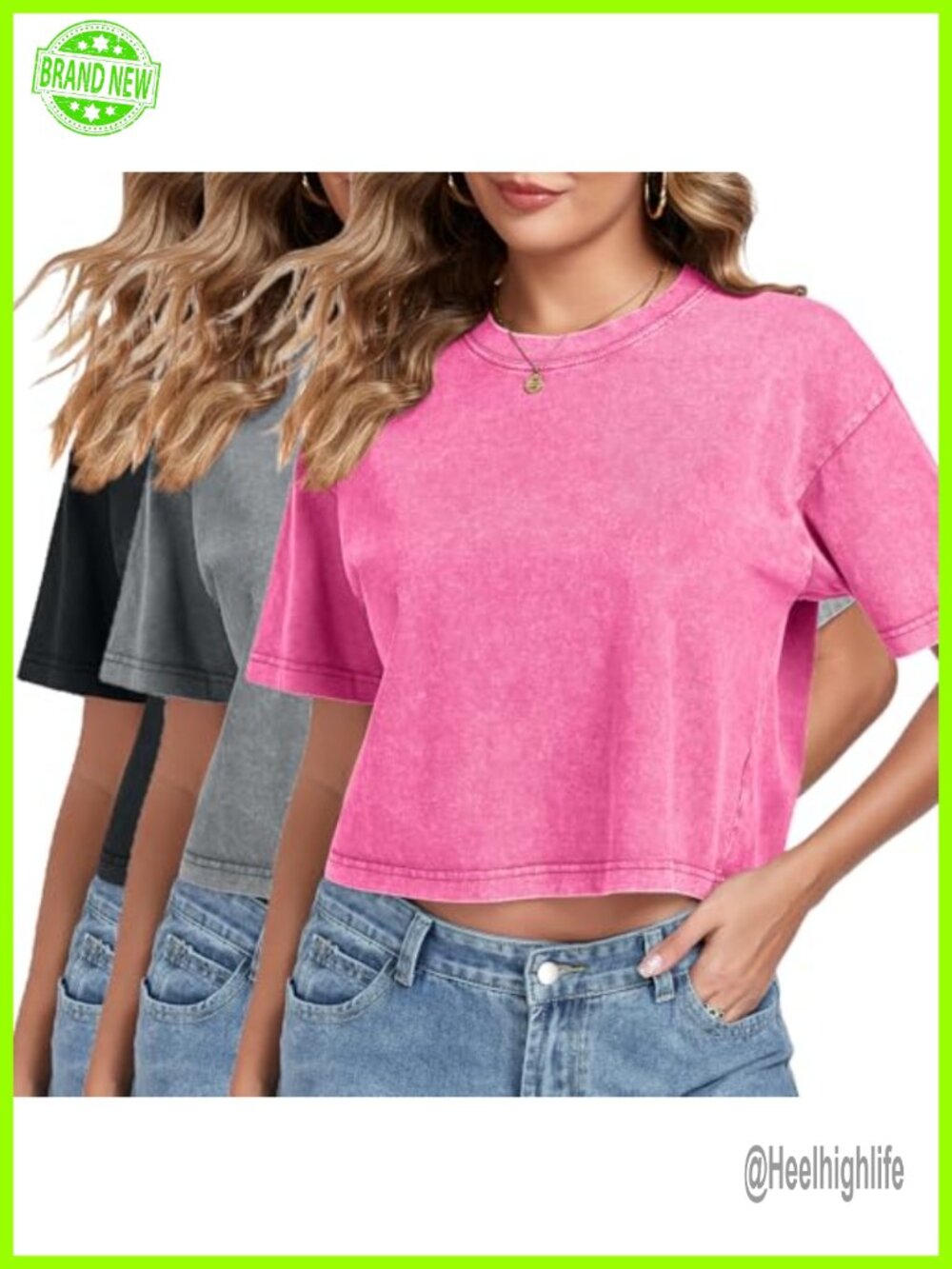 Women's Acid Wash Crop Top Short Sleeve Crew Neck Loose Fit Casual Tee